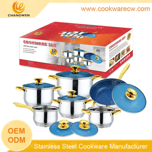 China manufacturer stainless steel 12pcs cookware set non-stick frying pan blue glass lid golden handles & knobs CW52001-12N