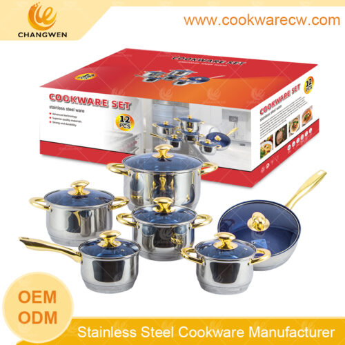 hot sales 12pcs stainless steel cookware set cooking pots set 16cm saucepan 24cm casserole & non-stick frypan with induction usage bottom CW52001-12N2