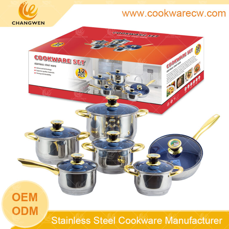 Pots wholesale cookware set 12pcs stainless steel pots and pans nonstick fry pan with thermal knobs and golden handles blue glass lids CW52001-12N5