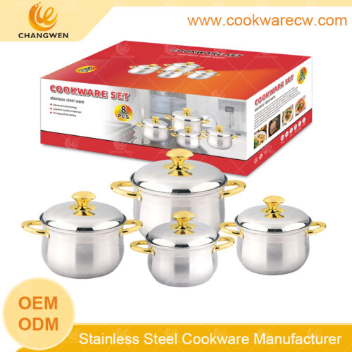 8pcs casserole cookware with golden handles & knobs stainless steel lid with holes soup stock pot ollas with heavy kgs weights CW52001-8