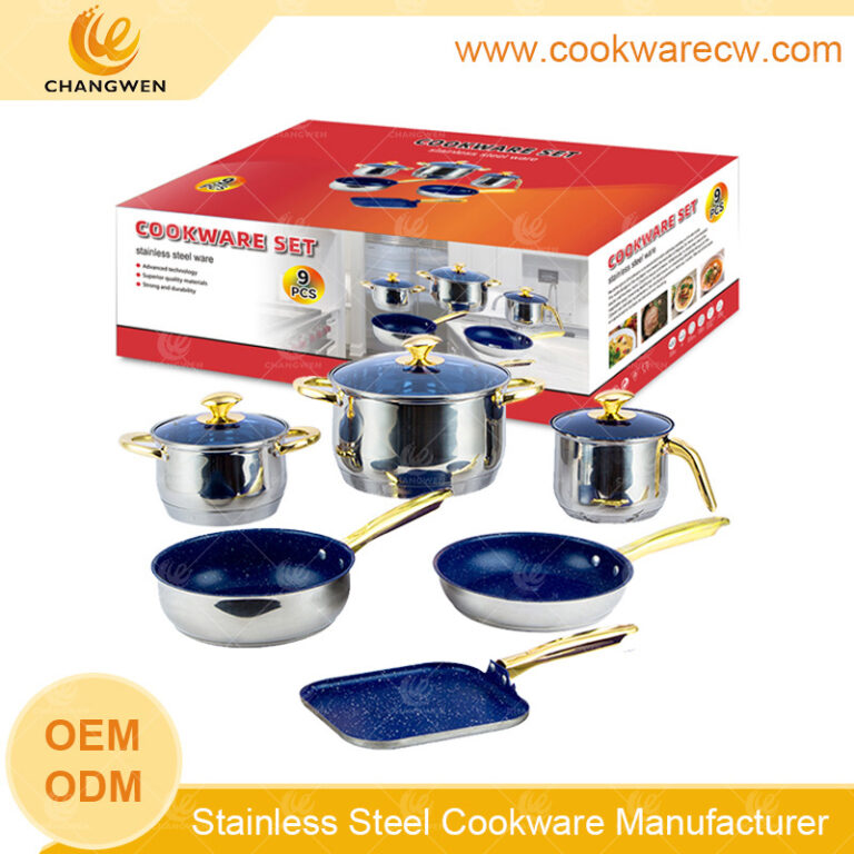 9pcs stainless steel cookware set pots and pans with non-stick coating golden hollow handle and knob with rivets wholesaler factory CW52001-9N