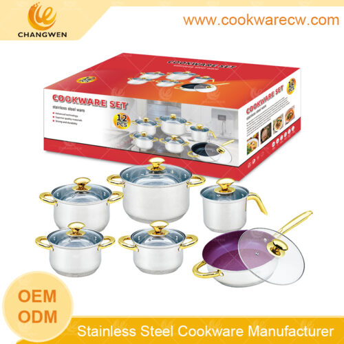 Factory pots wholesale cooking pot set mirror polished stainless steel pots nonstick frypan blue marble coating frying pan golden plated handles and knobs capsule bottom CW52001-12N3