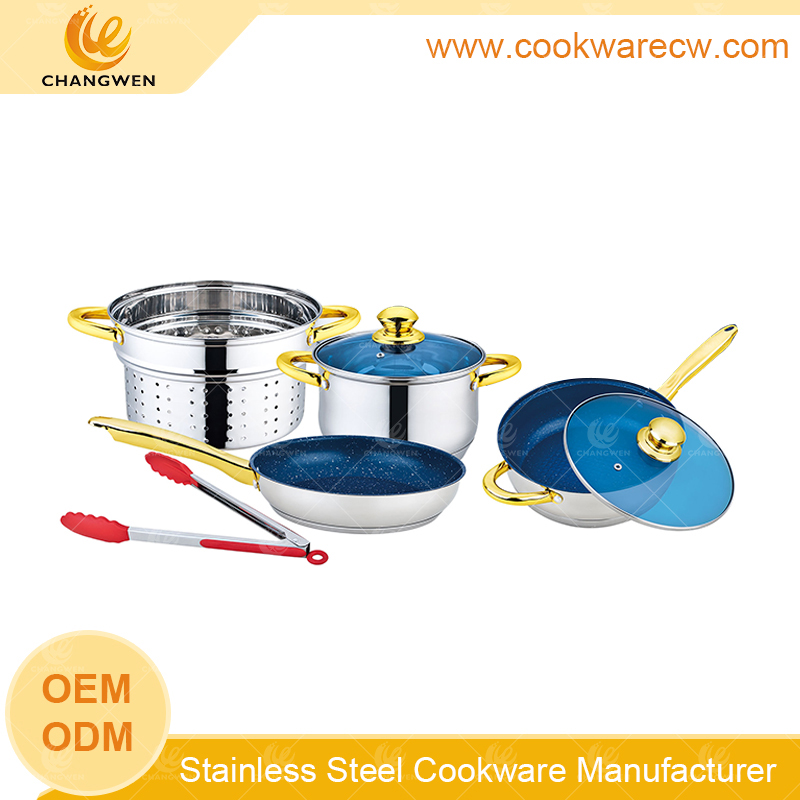 Hot Sale 12pcs Stainless Steel Cookware Set with Golden Handles Belly Pot  Frying Pan Soup Pot Set with Capsuled Bottom