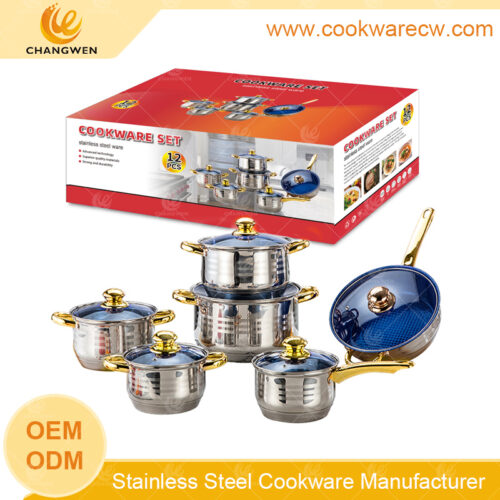 hot sales 12pcs stainless steel cookware set saucepan casserole non-stick frypan with golden handles & knobs & 5-stepped capsule bottom CW52002-12N2