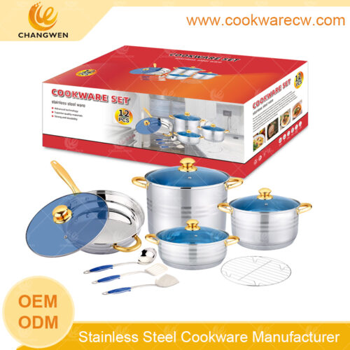 popular stainless steel 12pcs cookware set pots and pans casserole fry pan with kitchenware tools and wire reack CW52002-12N4