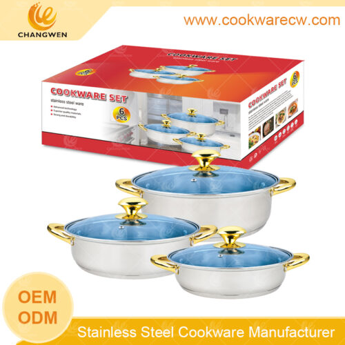 Pots wholesale stainless steel 6pcs rice cooker cookware short pot gold cooking shallow pots with golden handles and blue glass lids CW52002-6