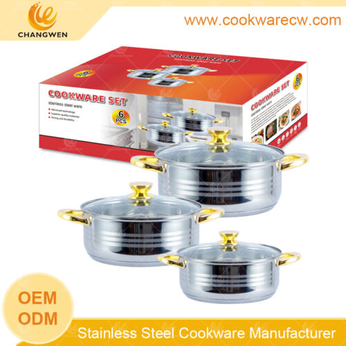 Factory wholesale stainless steel rice cooker induction shallow pot with capsule bottom 6pcs short pots with glass lid and golden handles CW52003-6