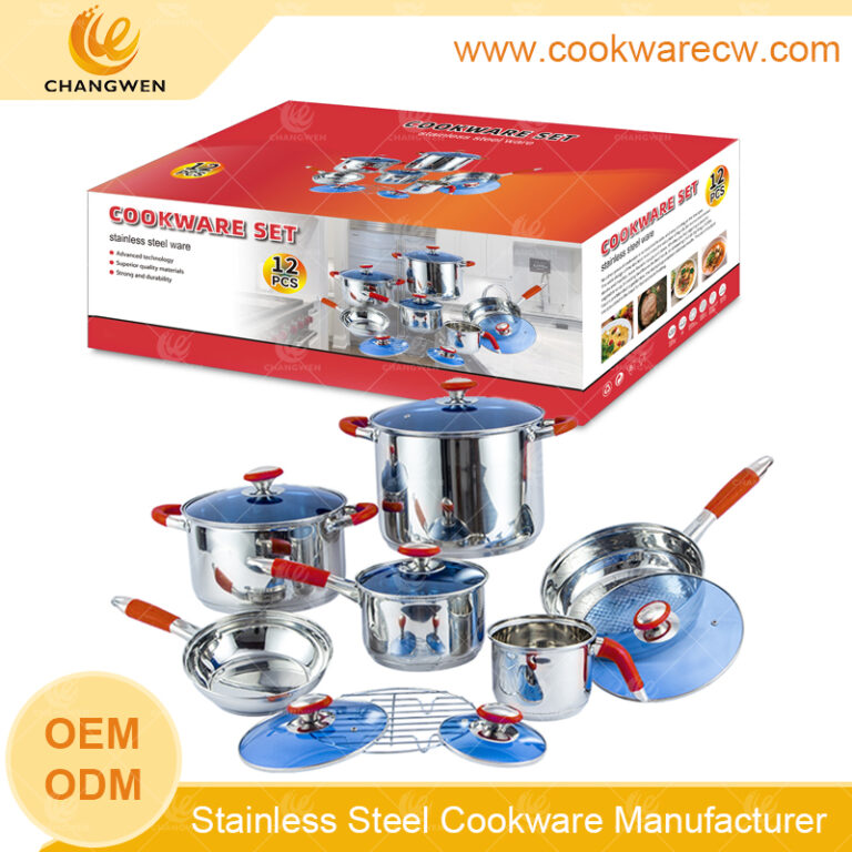 Hotsale 12pcs stainless steel cooking set popular pots and pans kitchen soup stock pot with red silicone steamer rack China factory customized color box CW52004-12