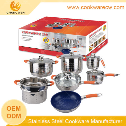 12pcs stainless steel cookware set with silicon handles coating conic frypan 24cm pasta pot in China CW52004-12N