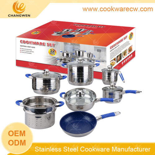 12pcs stainless steel cooking pots & pans set with color silicon handles coating conic frypan 24cm pasta pot in China CW52004-12N-1