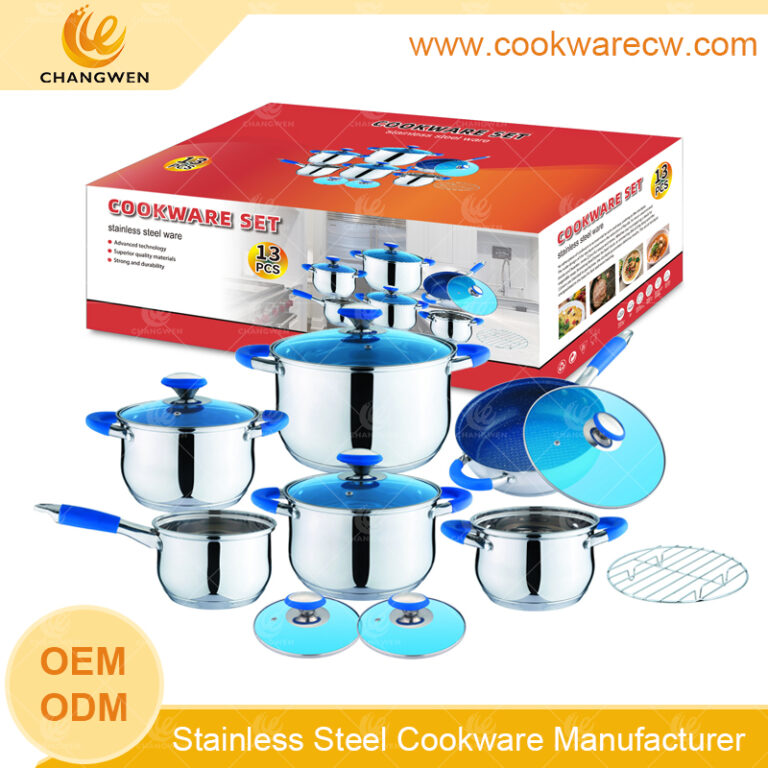 Wholesale stainless steel pots mirror polished cooking pot set nonstick frypan milk pot casseroles saucepan with blue glass lids and silicone iron wire rack CW52004-13AN