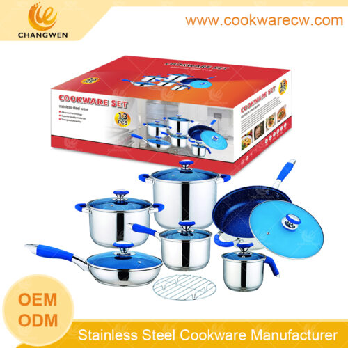 Newly Launched 13pcs stainless steel cookware set with iron wire rack nonstick fry pan with helper mirror polished soup stock pot saucepan and casserole CW52004-13N-1