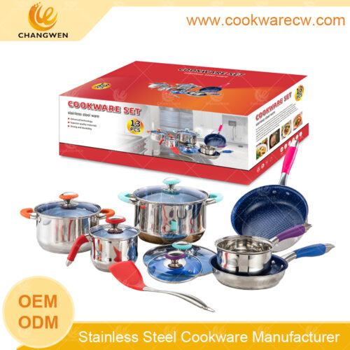 popular stainless steel pots 13pcs cookware set with heat insulated colored silicone and glass lids milkpot casseroles nonstick frypan set CW52004-13N1