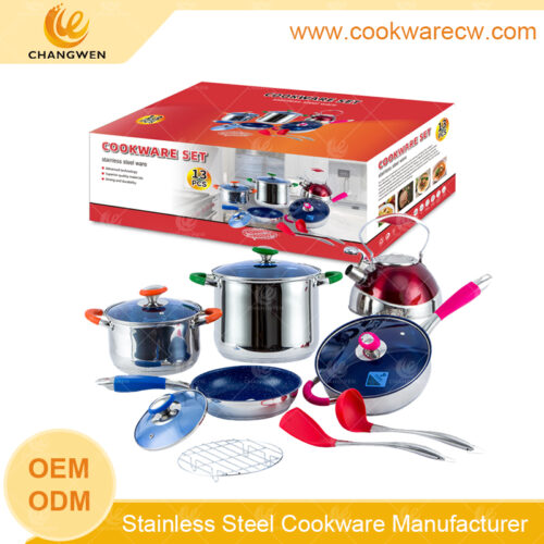 Heavy weight pots wholesale 13pcs stainless steel cookware colored silicone pots nonstick grilled frypan set with 5 steps capsule bottom 3L whistling tea kettle with frying basket kitchen tools spatula ladle CW52004-13NK