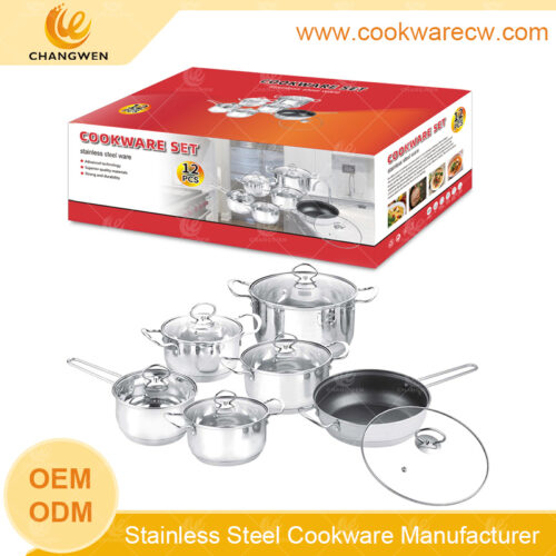 New design stainless steel 12pcs pots wholesale wire handle and knob cookware mirror polished saucepan casserole kitchen pots nonstick coated frypan CW52006-12N