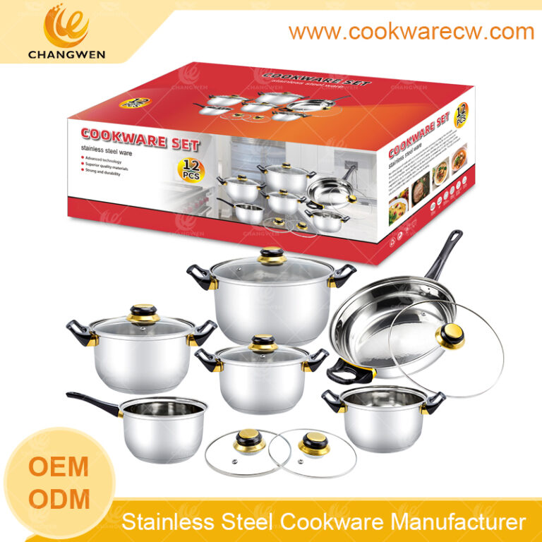 Customized color box 12pcs stainless steel kitchen set mirror polished pots wholesale cookware China factory manufacturer CW52010-12