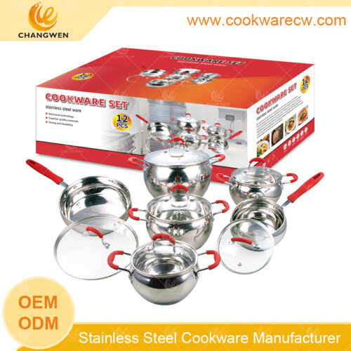 Hot sale stainless steel apple shape cookware set red silicone cover glass lid mirror polished kitchen pots and pans CW52011-12