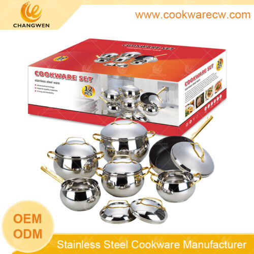 Pots wholesale apple shape cookware set mirror polished stainless steel lids golden wire handles and knobs nonstick frypan CW52011-12N