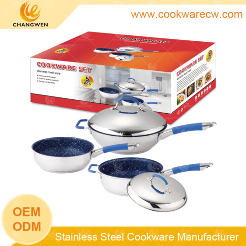 Customize color box 3pcs fry pan set blue marble nonstick coating frying pans stainless steel lids and blue silicone cover CW52016-5