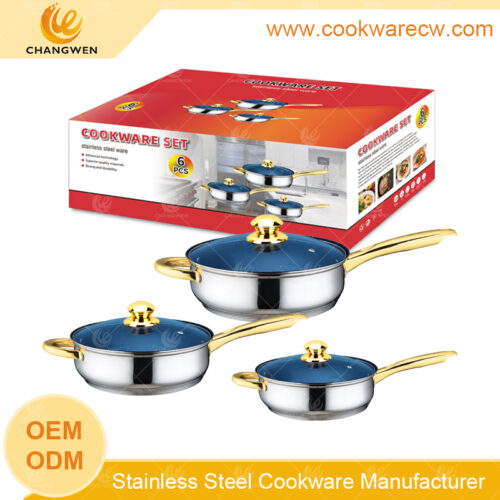 Wholesale new design stainless steel cookware 3pcs blue marble coating nonstick frypan set golden handles and knobs adjustable size CW52016-6