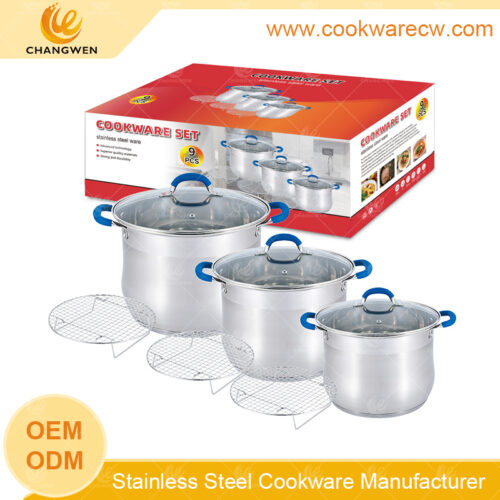 heavy weight stainless steel stock pots set with tube handles & knobs covered silicon wire steamers kitchenware manufactured in China CW52017-9